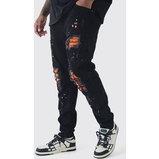 Mens Black Plus Super Skinny Stretch Biker Rip & Repair Paint Splat Jeans