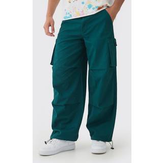 Mens Dark Green Fixed Waist Baggy Twill Cargo Trousers