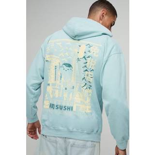 Mens Dusty Blue Oversized Sushi Graphic Washed Hoodie