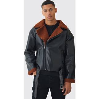 Mens Boxy PU Borg Trim Aviator Jacket In Black