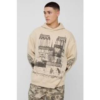 Mens Sand Oversized Line Drawing Landscape Graphic Hoodie
