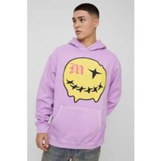 Mens Pink Oversized Puff Print Face Graphic Washed Hoodie