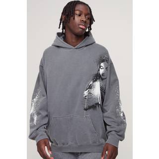 Mens Charcoal Oversized Washed Renaissance Overseams Graphic Hoodie