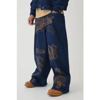 Mens Indigo Balloon Fit Rigid Contrast Stitch Ripped Jeans