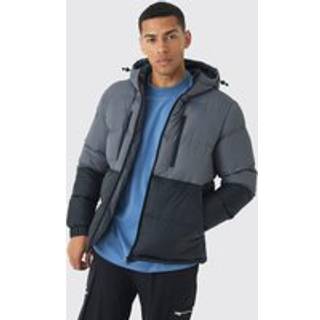 Mens Colour Block Hooded Puffer in Charcoal