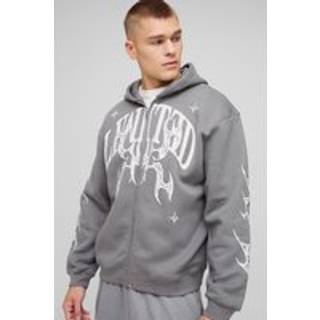 Mens Charcoal Oversized Zip Through Limited Graphic Hoodie