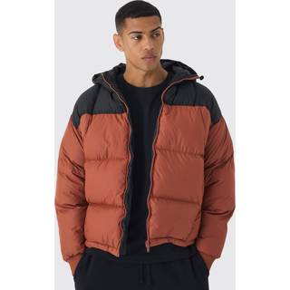 Mens Boxy Curved Quilted Colour Block Hooded Puffer In Rust