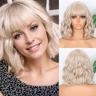 Missqueen Blonde Wig Wavy Short Bob Blonde parykker med luftpande skulderl?ngde Drity Blonde parykker til kvinder B?lget syntetisk cosplay paryk
