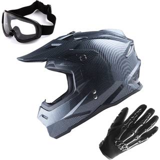 1Storm Motocross Voksen hjelm BMX MX ATV Dirt Bike Helmet Carbon Fiber Black Goggles Skeleton Black Glove Bundle