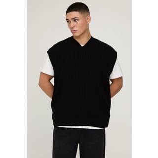 Mens Black Oversized V Neck Cable Knitted Vest