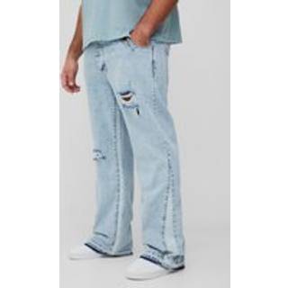 Mens Ice Blue Plus Slim Flare Gusset Detail Distressed Panel Jeans