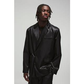 Mens Black Relaxed Fit Liquid Metallic Wrap Belted Blazer