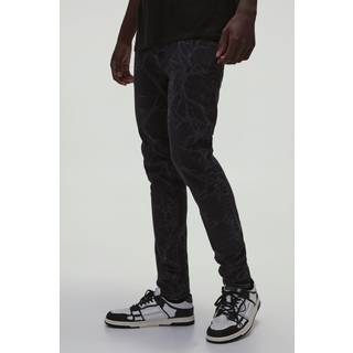 Mens Black Skinny Stretch Stacked Barbed Wire Laser Print Jeans
