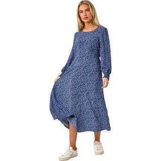 Roman Roman Blue Petite Print Shirred Cuff Midi Dress