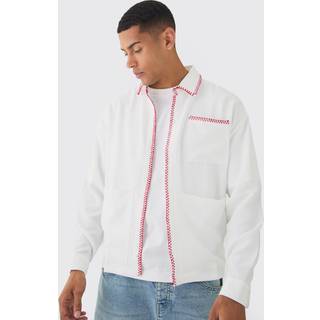 Mens White Linen Contrast Stitch Overshirt