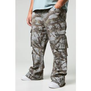 Mens Grey Plus Forest Camo Multi Cargo Slim Flared Jeans