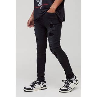 Mens Washed Black Super Skinny Stretch Biker Rip & Repair Jeans