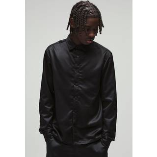 Mens Black Long Sleeve Satin Regular Shirt