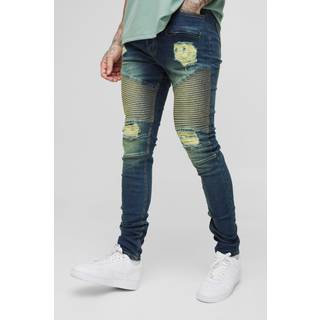 Mens Vintage Blue Tall Skinny Stretch Ripped Distressed Biker Jeans