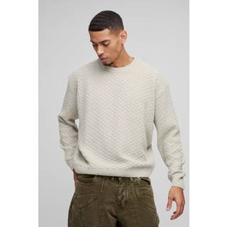 Mens Stone Oversized Boxy Basket Knitted Crew Jumper