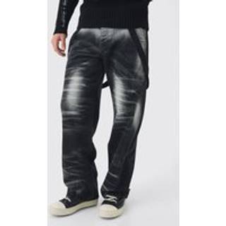 Mens Washed Black Relaxed Rigid Strap Detail Washed Salopettes