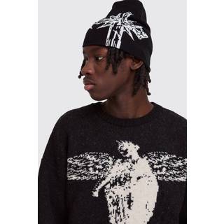 Mens Black Cross Graphic Beanie