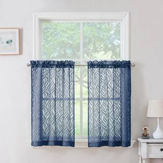 Chyhomenyc Marilyn Navy Blue Sheer Curtains 36 tommer L?ngde Lysfiltrering Soft Airy 3D Leaf Clip Jacquard strukturerede korte rene gardiner til
