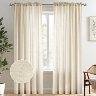 Melodieux beige halvrene gardiner 84 tommer lange til stue - linned look sovev?relse stang lomme voile gardiner 52 x 84 tommer (2 paneler)