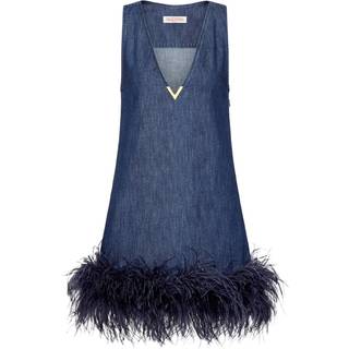 Valentino Feather-trimmed denim minidress - blue - XXXS