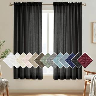 Melodieux sort halvrene gardiner 54 tommer l?ngde til sovev?relse stue faux linned vindue privatlivets rene gardiner stanglomme 52 """" W x 54 """" L