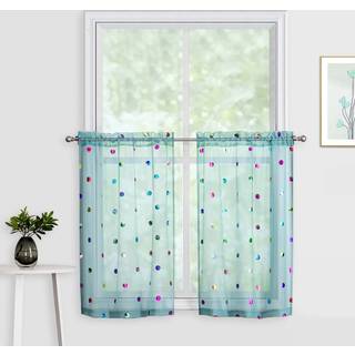 Urban Lotus Blue Semi Sheer Binder gardiner til k?kken 45 tommer lange farverige metalliske polka -prikker Trykt niveau gardiner til spisestuefil