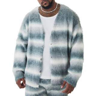 Mens Grey Plus Boxy Fit Knitted Brushed Stripe Cardigan