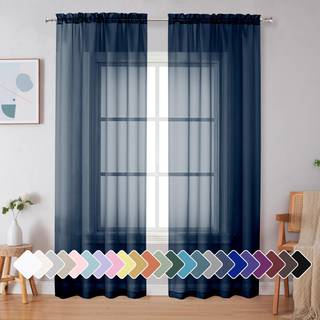 SimpleBrand Navy Blue Sheer Curtains 90 tommer lange 2 paneler Lysfiltreringsstang Lomme Fastfarve Vindue Sheer Curtain Panels Elegante gardiner