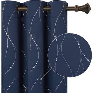 Buhua Navy Blue Blackout Kort gardiner 45 Längd vardagsrumsgardiner 2 Paneluppsättningar Silverköksgardiner med våglinje och prickar termisk isol