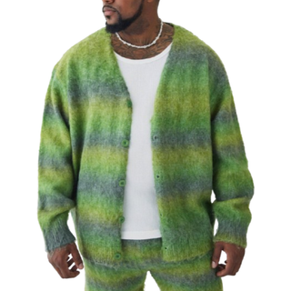 Mens Green Plus Boxy Fit Knitted Brushed Stripe Cardigan
