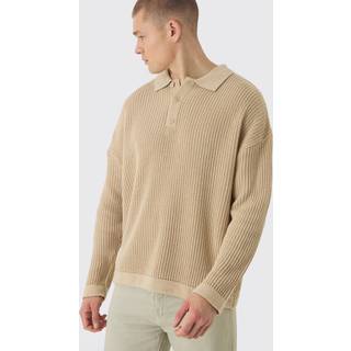 Mens Stone Oversized Boxy Chunky Knit Polo Jumper