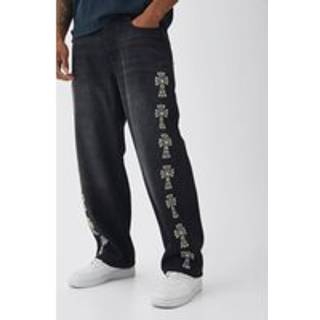 Mens Washed Black Baggy Rigid Embellished Cross Jeans