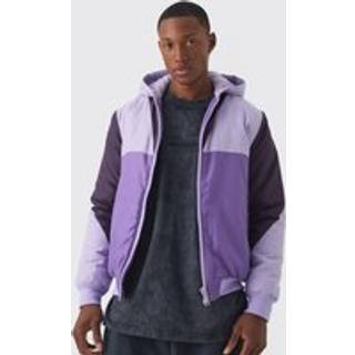 Mens Colour Block Hooded Padded Bomber Jacket In Purple