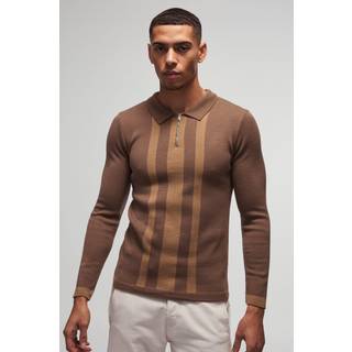 Mens Taupe Long Sleeve Muscle Fit Stripe Knit Polo