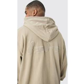 Mens Taupe Plus Oversized Boxy Varsity Raw Edge Applique Zip Funnel Hoodie