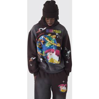 Mens Chocolate Oversized Distressed Space Graphic Brushback Hoodie