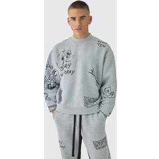 Mens Grey Marl Oversized AOP Doodle Extended Neck Sweatshirt