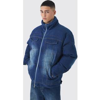 Mens Indigo Boxy Oversized Funnel Neck Denim Puffer Jacket