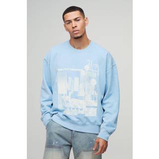 Mens Dusty Blue Oversized LA Abstract Graphic Washed Sweatshirt