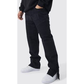 Mens Washed Black Straight Leg Moto Star Laser Print Jeans