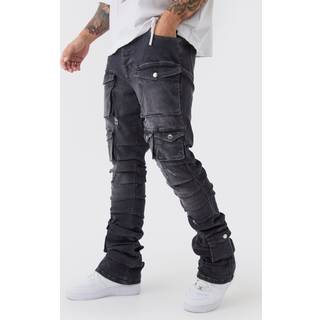 Mens Mid Grey Skinny Stacked Multi Cargo Pocket Flared Jeans