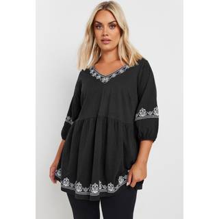 Yours Curve Yours Curve Black Embroidered 3/4 Smock 100% Cotton Tunic