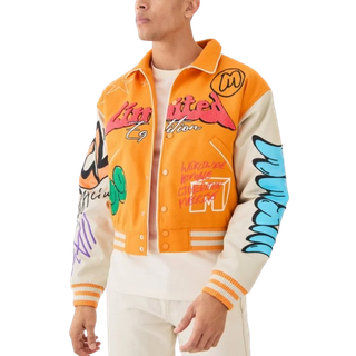 Mens Orange Boxy Fit Graffiti Varsity Jacket