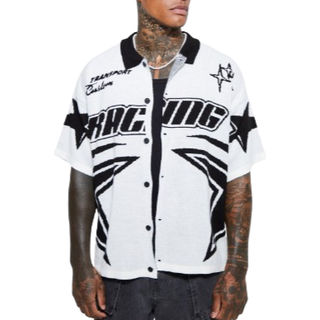 Mens White Boxy Fit Knitted Moto Shirt