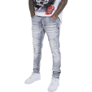 Mens Ice Grey Skinny Stretch Heavy Bleached Ripped Jean